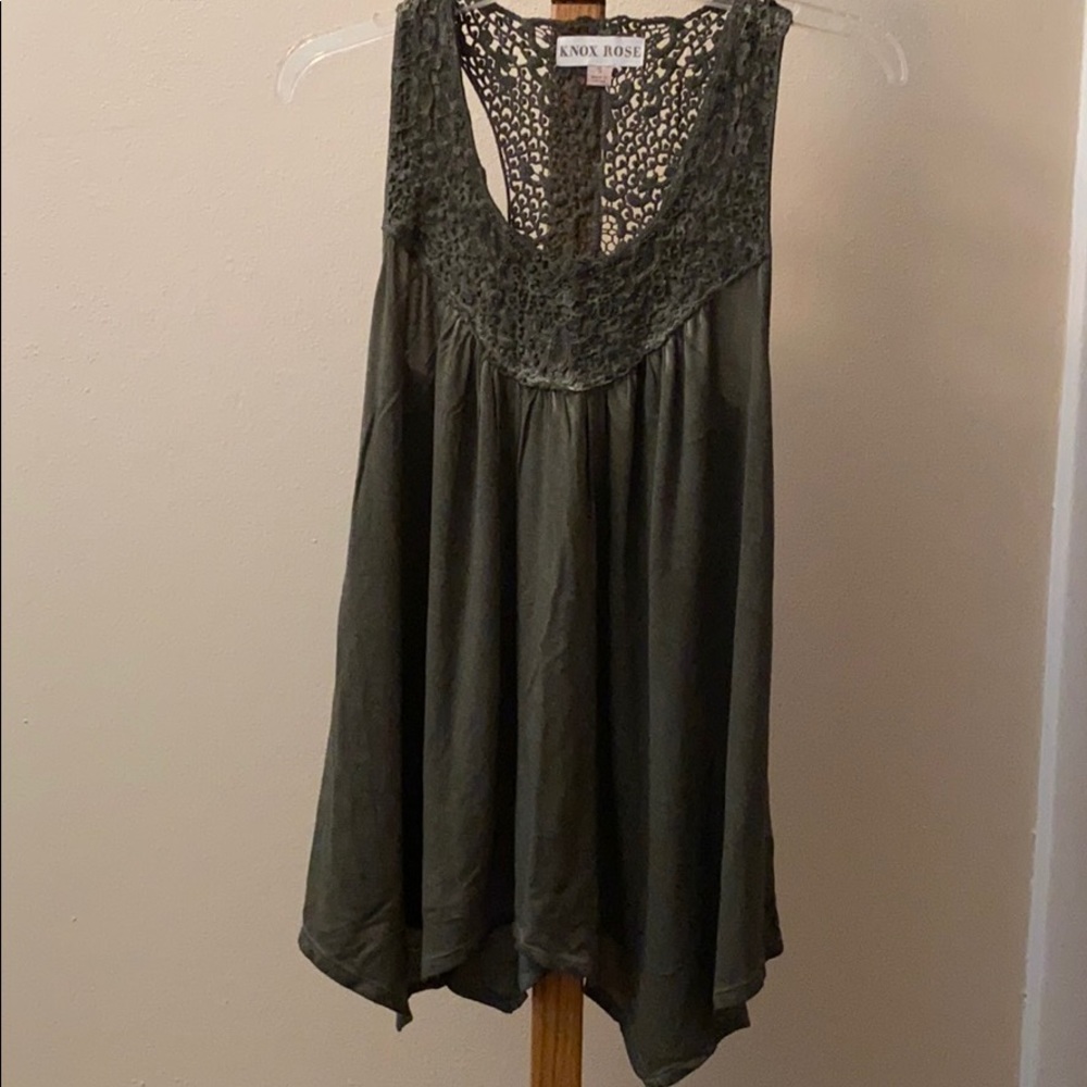 Green distressed tank with lace top.